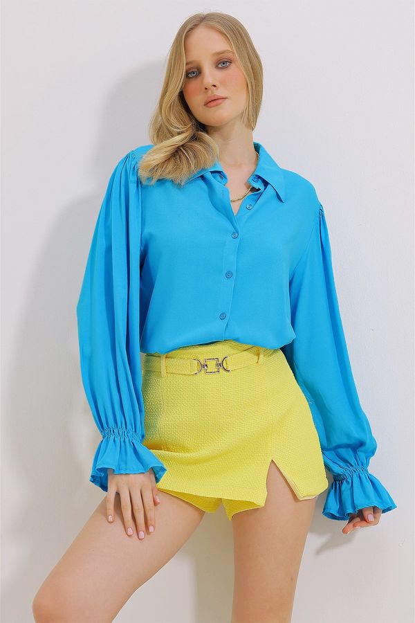 Trend Alaçatı Stili Trend Alaçatı Stili Women's Turquoise Flounce Sleeve Viscon Woven Shirt