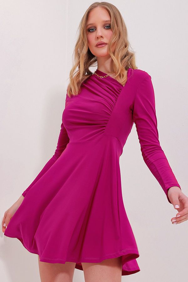 Trend Alaçatı Stili Trend Alaçatı Stili Women's Violet Asymmetric Collar Draped Sandy Flared Dress