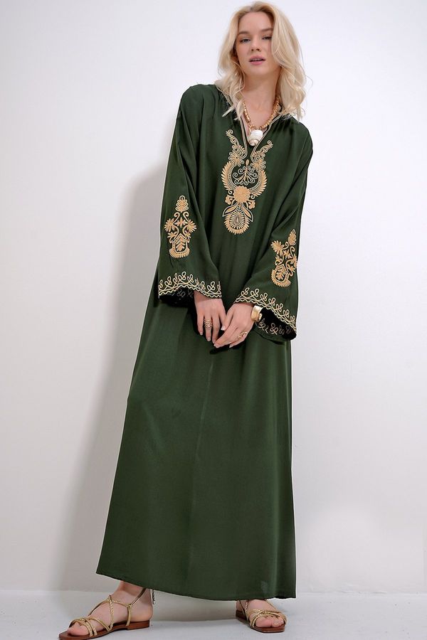 Trend Alaçatı Stili Trend Alaçatı Stili Women's Walnut Green Embroidered Dress