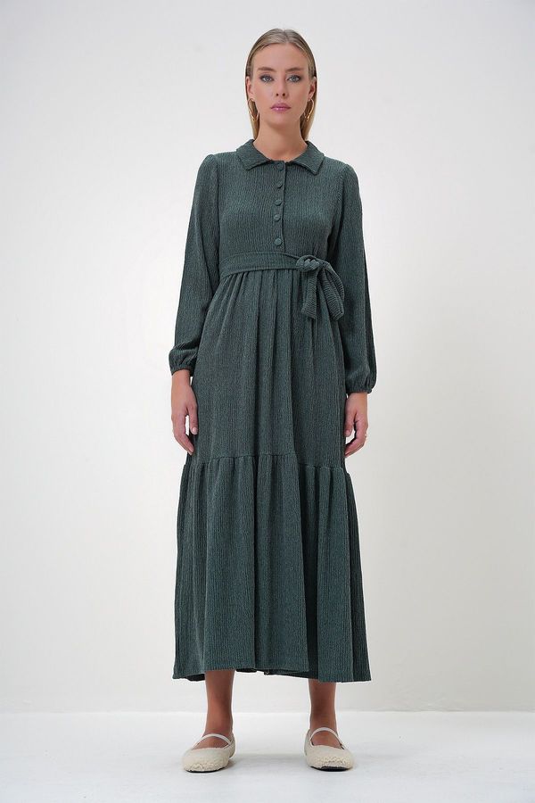 Trend Alaçatı Stili Trend Alaçatı Stili Women's Walnut Green Shirt Collar Button-Down Flounce Skirt Belted Long Dress