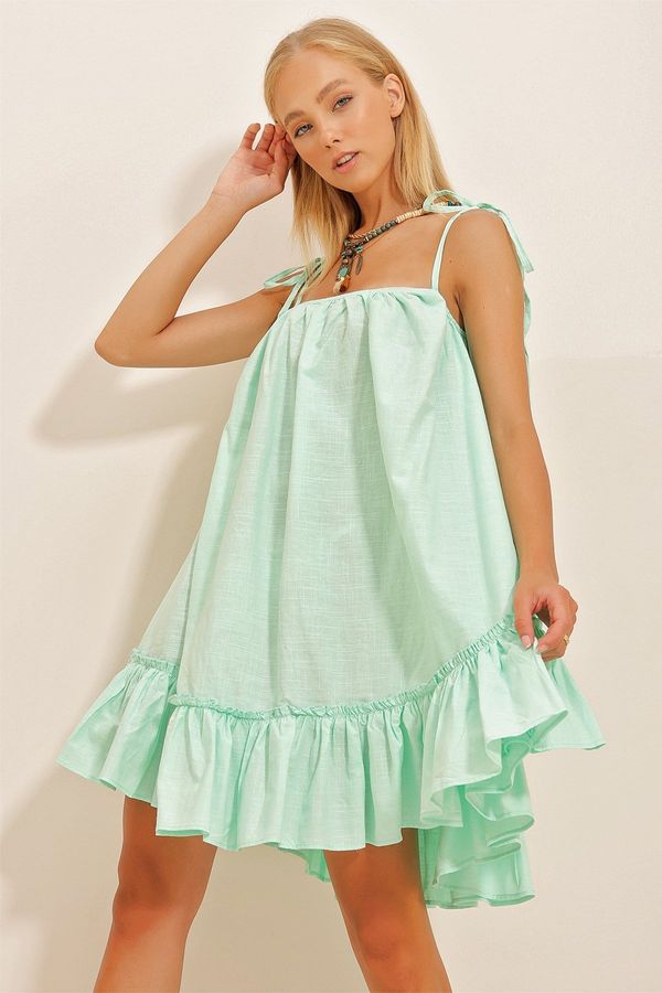Trend Alaçatı Stili Trend Alaçatı Stili Women's Water Green Rope-Cut Skirt with Flounces Terry Cotton Linen Dress