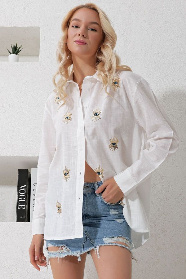 Trend Alaçatı Stili Trend Alaçatı Stili Women's White Flamed Linen Embroidered Oversize Shirt