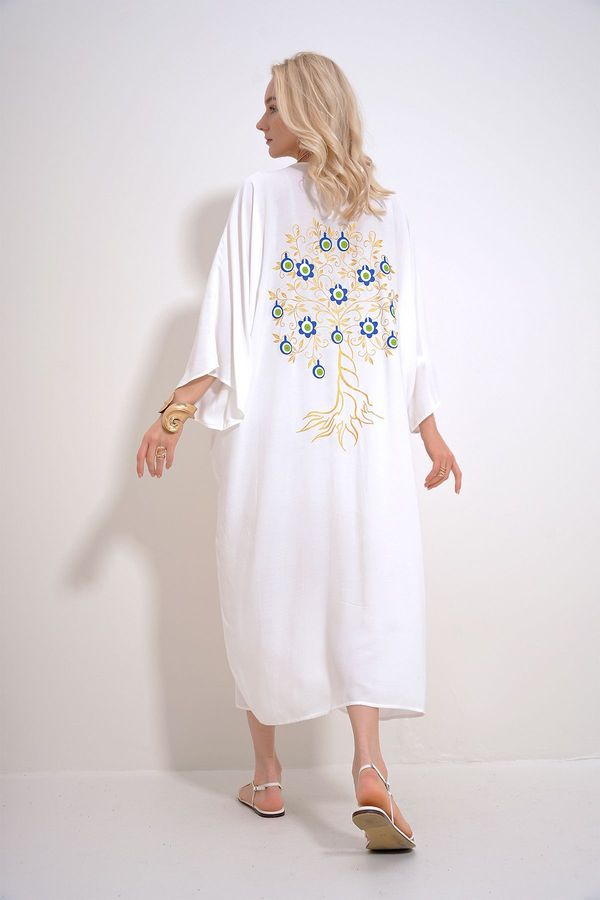 Trend Alaçatı Stili Trend Alaçatı Stili Women's White Wish Tree Printed Back and Pockets Buttoned Woven Viscose Dress