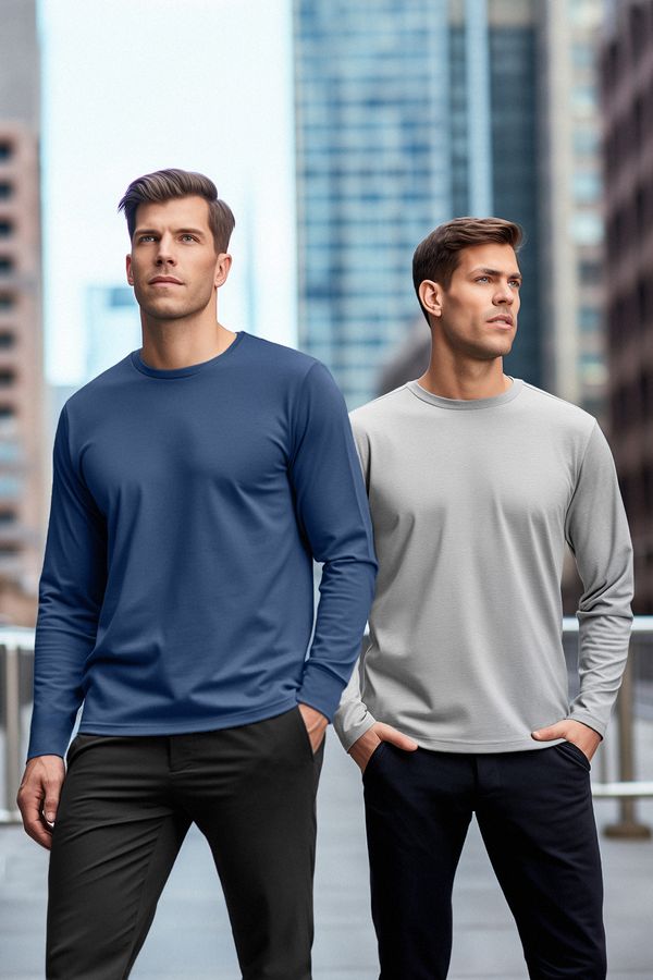 Trendyol Trendyol 2-Pack Grey-Indigo 100% Cotton Long Sleeve Regular/Regular Fit Basic T-Shirt