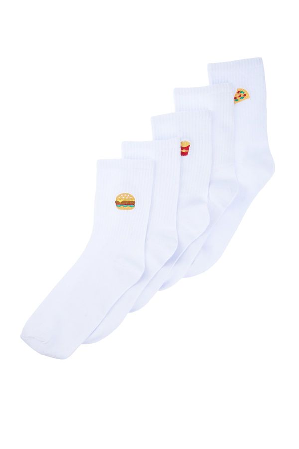 Trendyol Trendyol 5-Pack White Cotton Food Embroidered College-Tennis-Mid-Length Socks