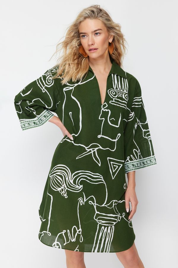 Trendyol Trendyol Abstract Pattern Wide Fit Midi Woven 100% Cotton Beach Dress