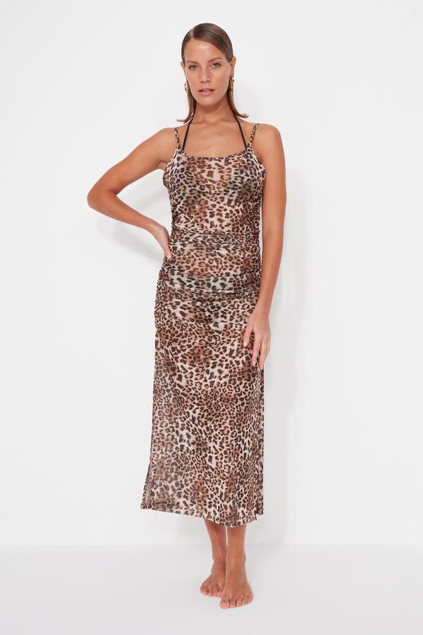 Trendyol Trendyol Animal Patterned Fitted Maxi Woven Gathered Beach Dress