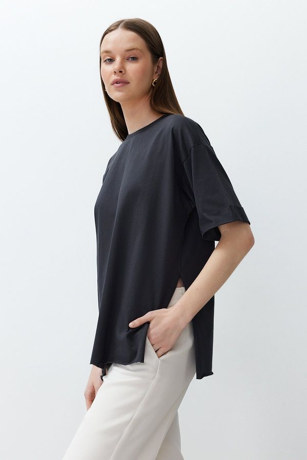 Trendyol Trendyol Anthracite 100% Cotton Double Sleeve Asymmetric Boyfriend Knitted T-Shirt
