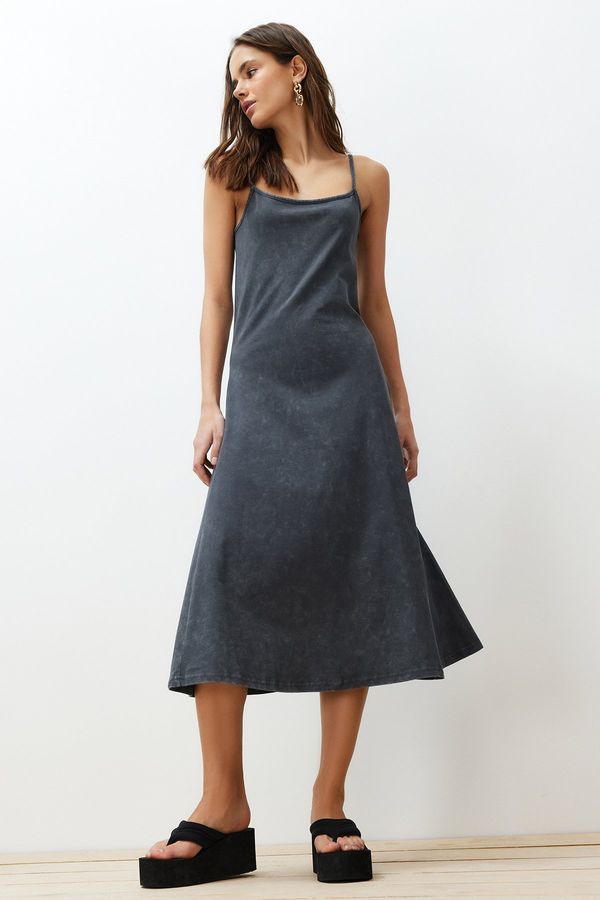 Trendyol Trendyol Anthracite Antique/Pale Effect Cotton Square Collar Midi Knitted Midi Dress