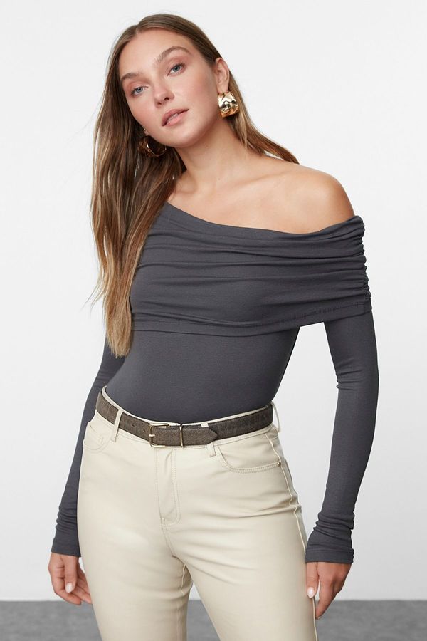 Trendyol Trendyol Anthracite Asymmetric Collar Fitted/Fits Body Flexible Knitted Blouse