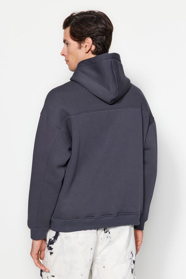 Trendyol Trendyol Anthracite Basic Oversize/Wide-Fit Neck Snap-On Cotton Fleece Sweatshirt