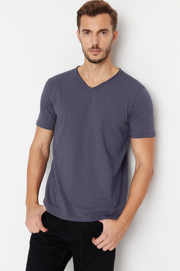 Trendyol Trendyol Anthracite Basic Regular/Normal Fit V Neck 100% Cotton Flamed Single Jersey T-Shirt
