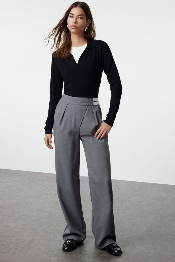 Trendyol Trendyol Anthracite Belt Detailed Wide Leg/Wide Leg Elastic Back Waist Fabric Trousers