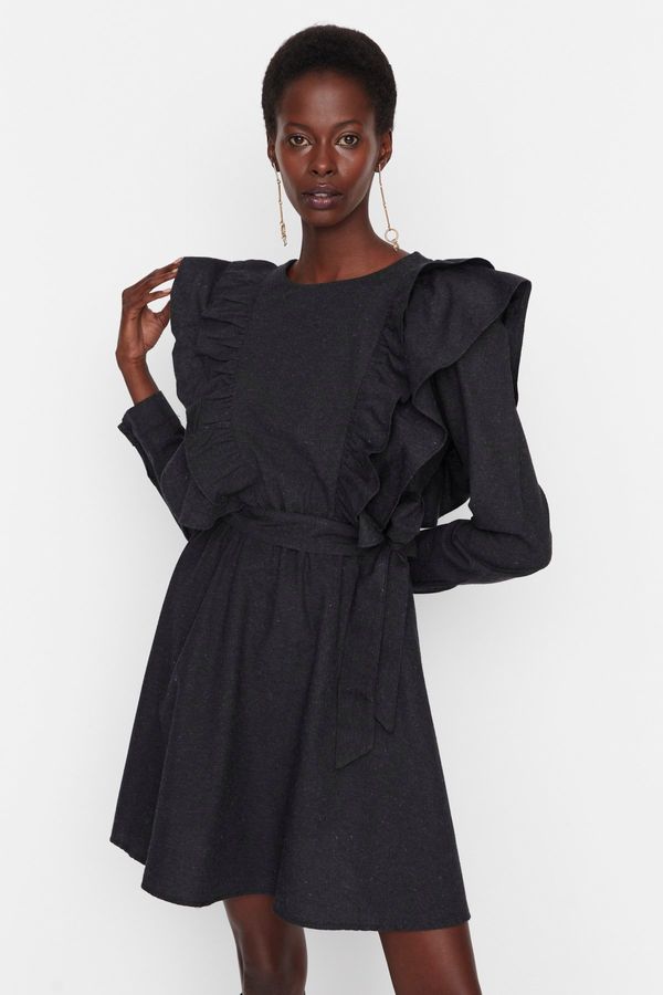 Trendyol Trendyol Anthracite Belted Frilly Woven Dress