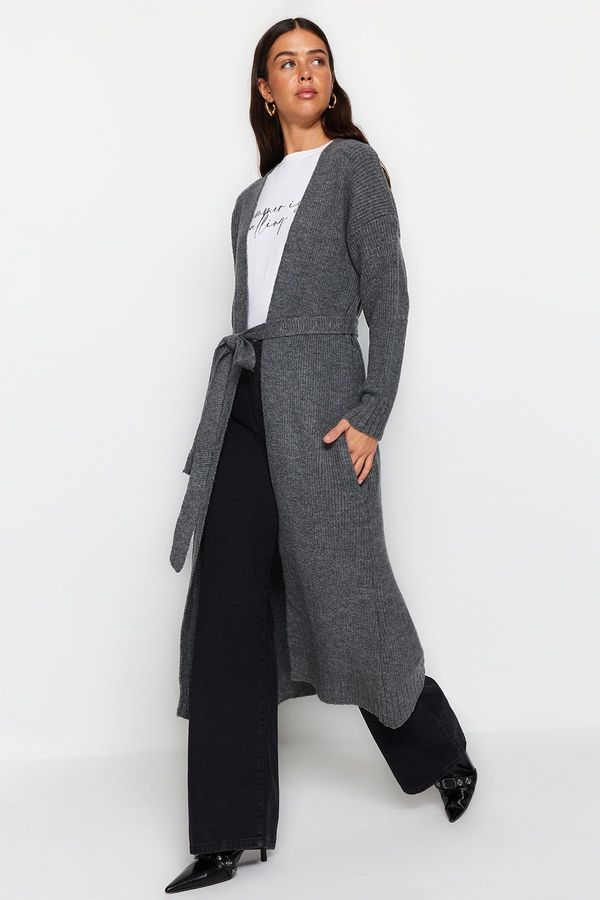 Trendyol Trendyol Anthracite Belted Long Thessaloniki Knitted Sweater Cardigan