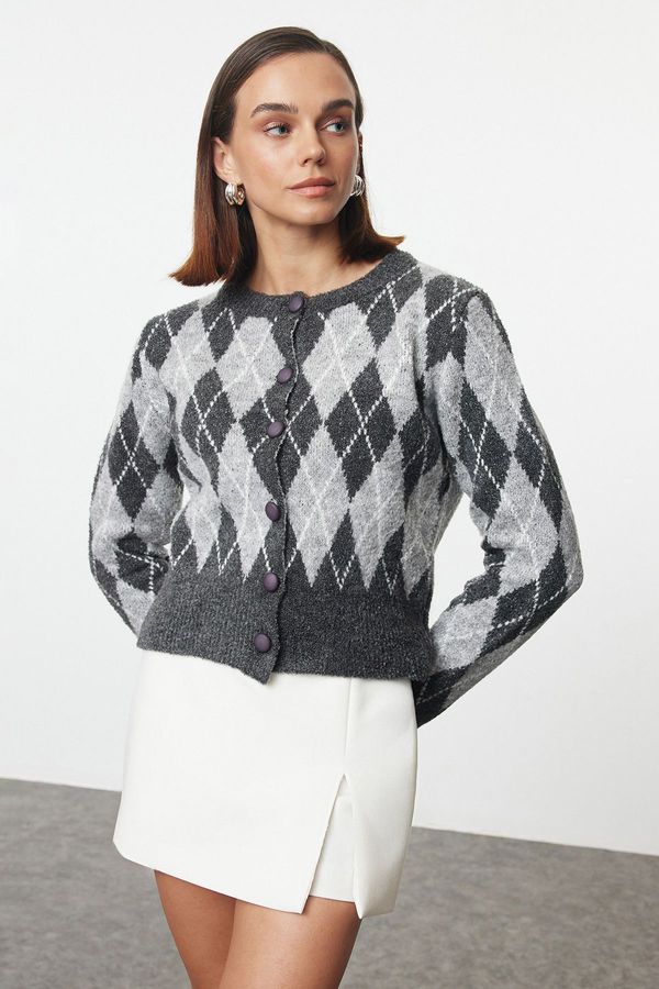 Trendyol Trendyol Anthracite Boucle Jacket-Look Knitted Cardigan