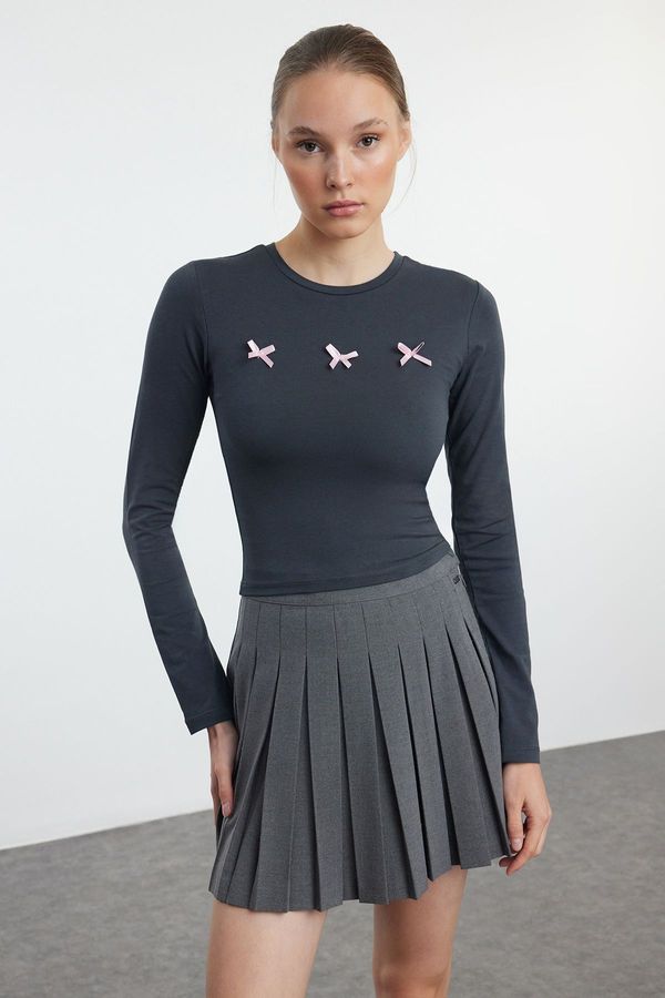 Trendyol Trendyol Anthracite Bow Detailed Crop/Short Slim/Fitting Knitted Blouse