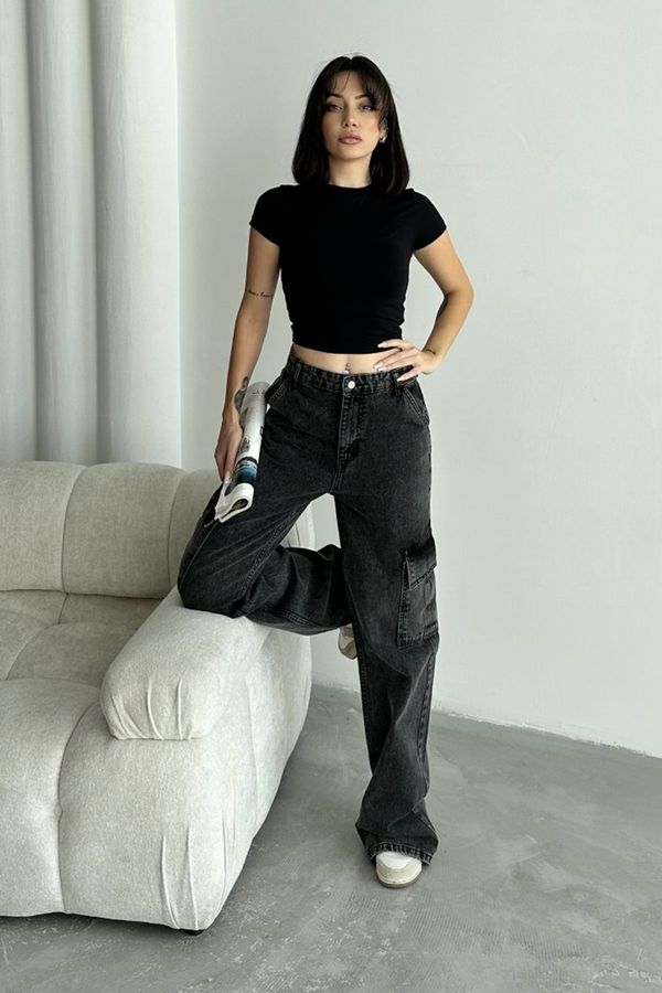 Trendyol Trendyol Anthracite Cargo Pocket High Waist Wide Leg Jeans