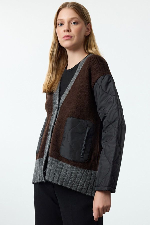 Trendyol Trendyol Anthracite Color Block Quilted Detailed Knitwear Cardigan