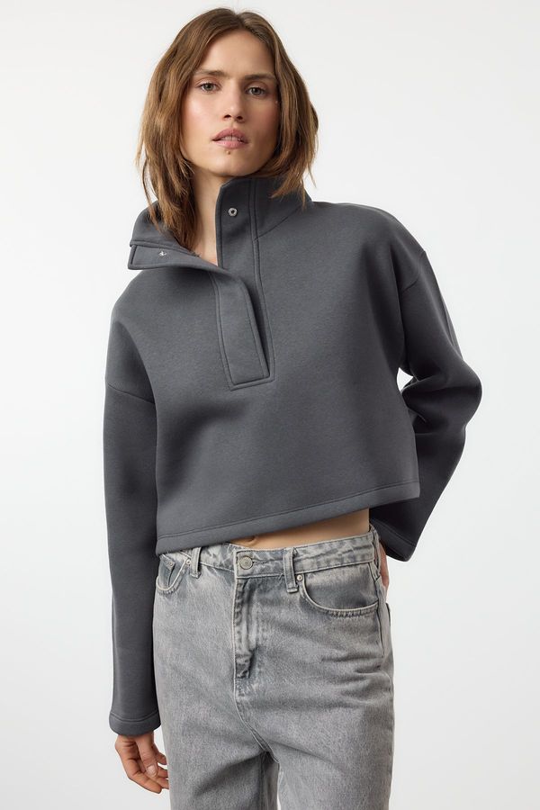 Trendyol Trendyol Anthracite Comfort Fit Crop High Neck Snap Fast Fleece Knitted Sweatshirt