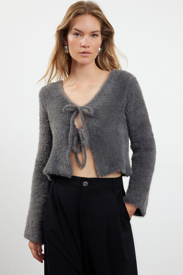 Trendyol Trendyol Anthracite Crop Feather Tie Detailed Knitwear Cardigan