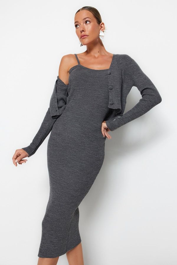 Trendyol Trendyol Anthracite Fitted Midi Knitwear Cardigan Dress Suit