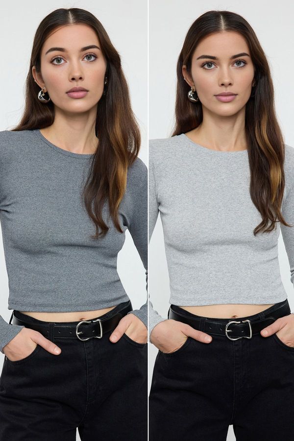 Trendyol Trendyol Anthracite-Grey Pack Body-Smoothing Crew Neck Ribbed Crop Flexible Knitted Blouse