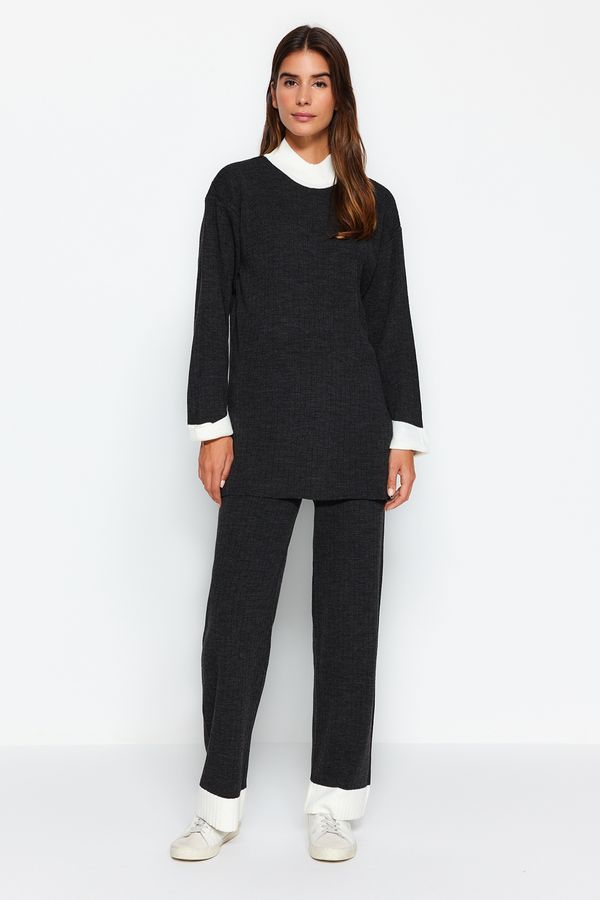 Trendyol Trendyol Anthracite High Neck Color Block Ribbed Sweater-Pants Knitwear Suit