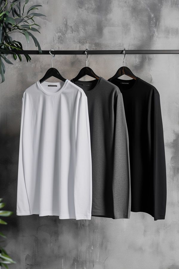 Trendyol Trendyol Anthracite Melange-White-Black Regular/Normal Cut 3 Pack Basic Pack T-Shirt