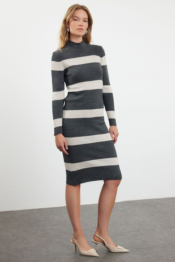 Trendyol Trendyol Anthracite Midi Knitwear High Collar Striped Dress