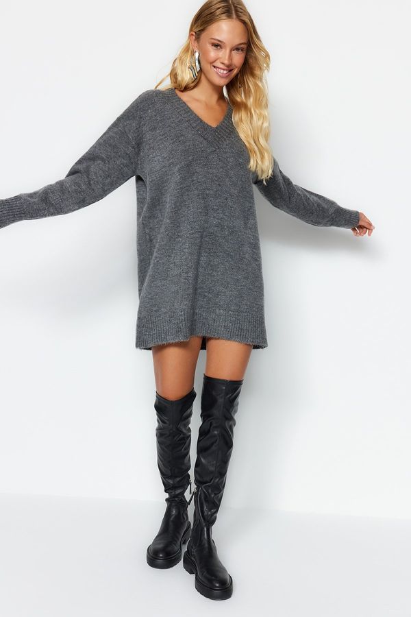 Trendyol Trendyol Anthracite Mini Knitwear Soft Textured Dress