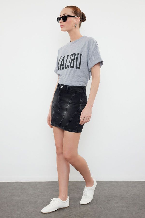 Trendyol Trendyol Anthracite More Sustainable Stitching Detailed High Waist Mini Denim Skirt