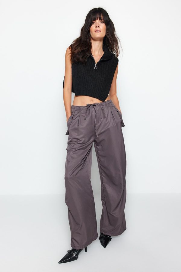 Trendyol Trendyol Anthracite Normal Waist Tie Detailed Parachute Woven Trousers