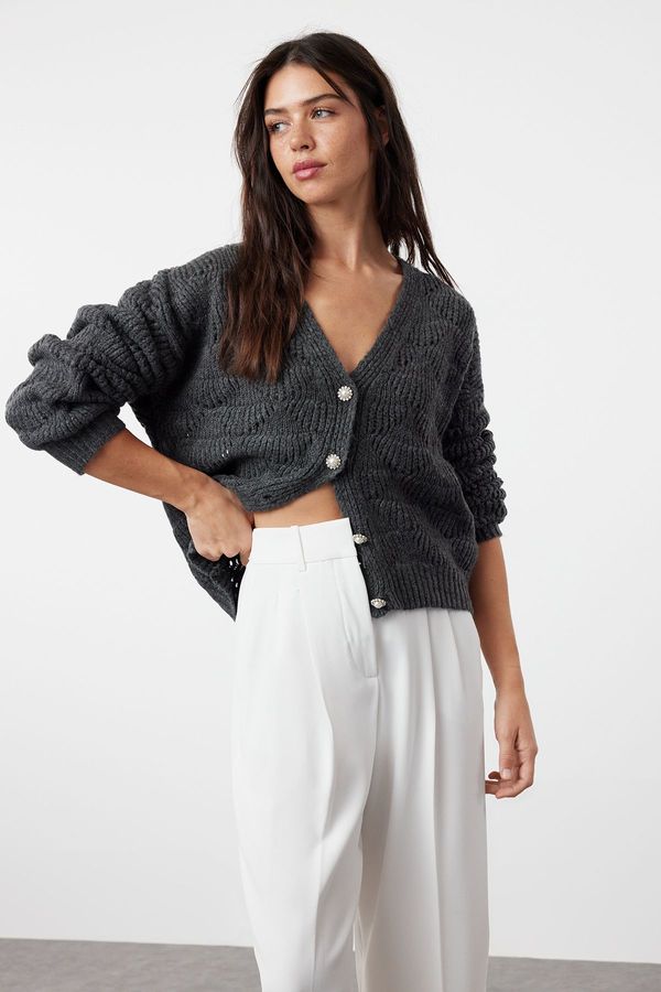 Trendyol Trendyol Anthracite Openwork/Perforated V-Neck Knitwear Cardigan