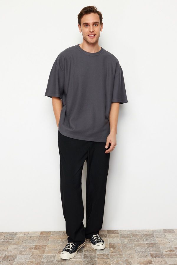 Trendyol Trendyol Anthracite Oversize 100% Cotton Textured T-Shirt