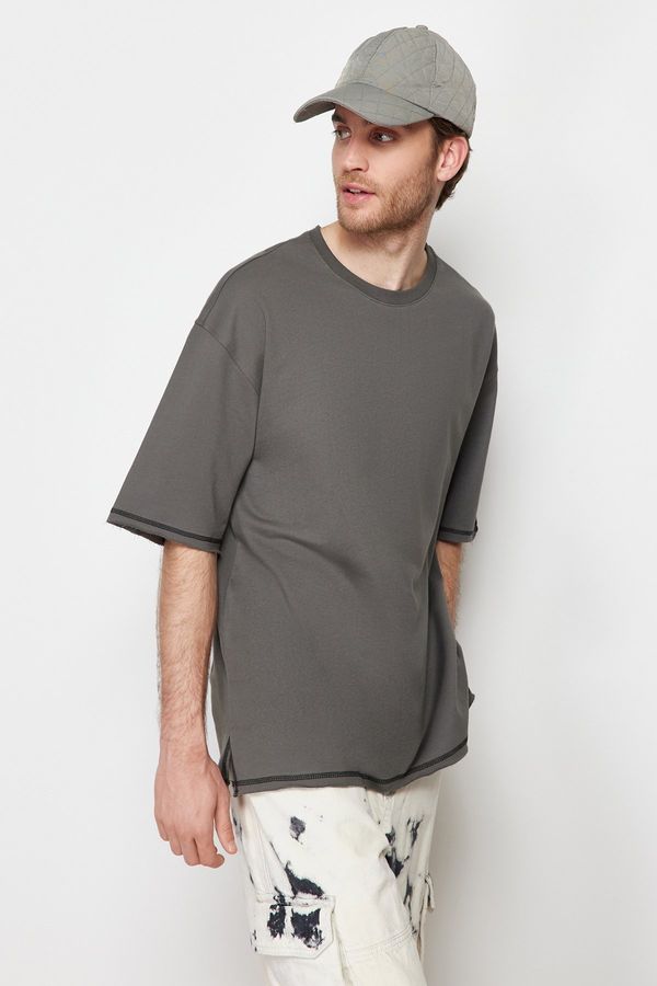 Trendyol Trendyol Anthracite Oversize Stitch Detail 100% Cotton T-Shirt