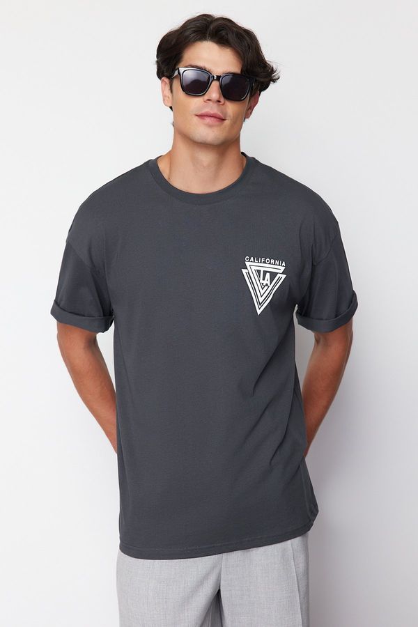 Trendyol Trendyol Anthracite Oversize/Wide Cut Crew Neck City Printed 100% Cotton T-Shirt