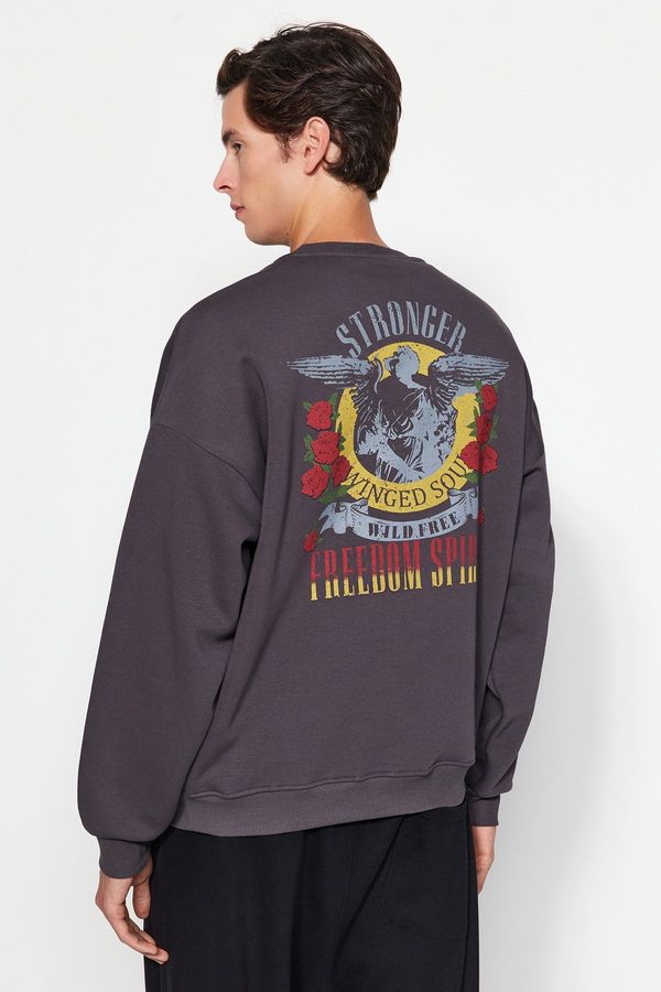 Trendyol Trendyol Anthracite Oversize/Wide Cut Crew Neck Rock Printed Fleece Inside Sweatshirt