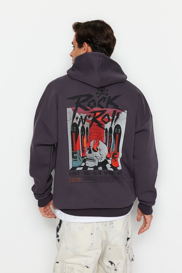 Trendyol Trendyol Anthracite Oversize/Wide Cut Fleece Inside Hooded Rock Printed Sweatshirt