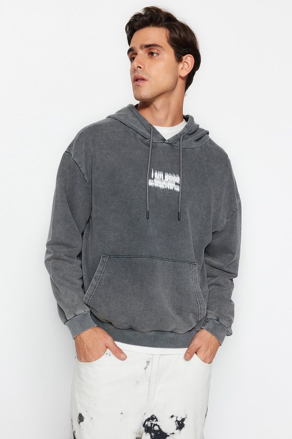 Trendyol Trendyol Anthracite Oversize/Wide Cut Hooded Faded Effect Back Printed Sweatshirt