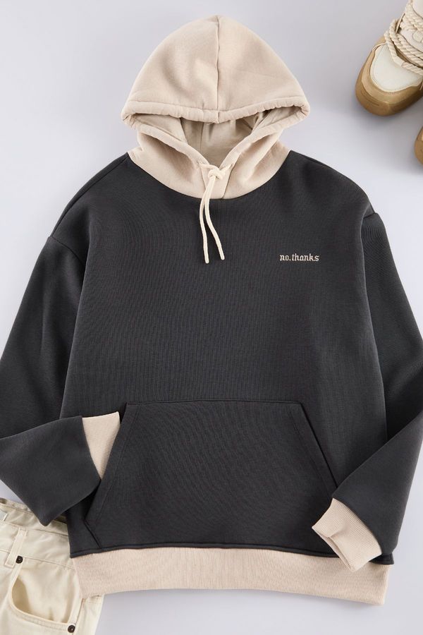 Trendyol Trendyol Anthracite Oversize/Wide Cut Hooded Fleece Inside Color Block Embroidered Sweatshirt