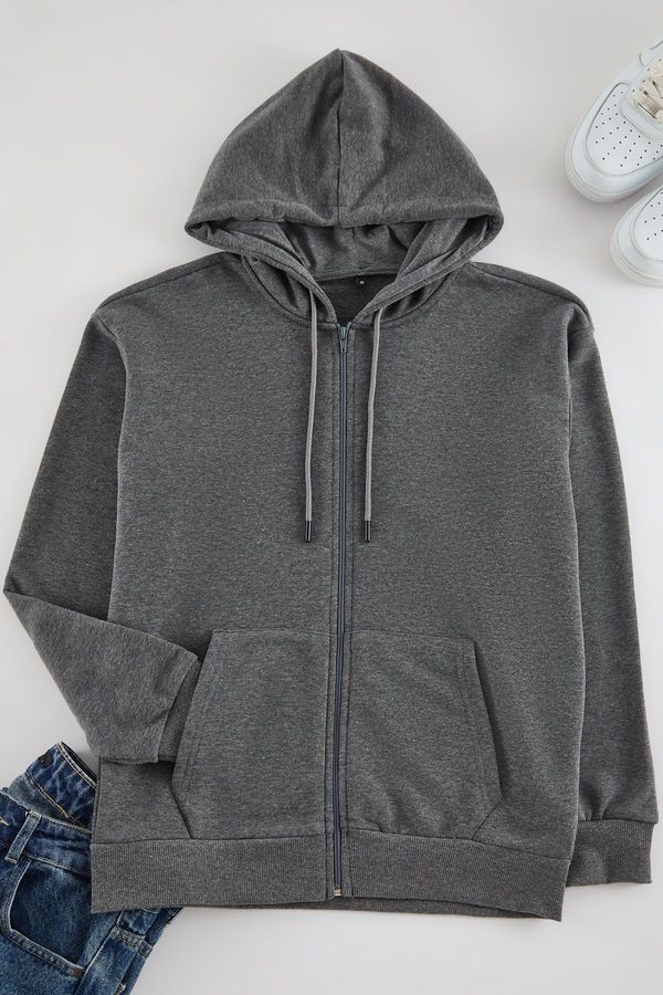 Trendyol Trendyol Anthracite Oversize/Wide Cut Hooded Zippered Thick Basic Sweatshirt-Cardigan