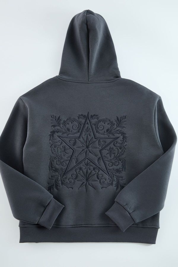 Trendyol Trendyol Anthracite Oversize/Wide Cut Sweatshirt with Embroidery Detail on the Back