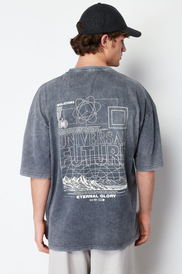 Trendyol Trendyol Anthracite Oversize/Wide-Fit Faded Effect Text Printed 100% Cotton T-Shirt