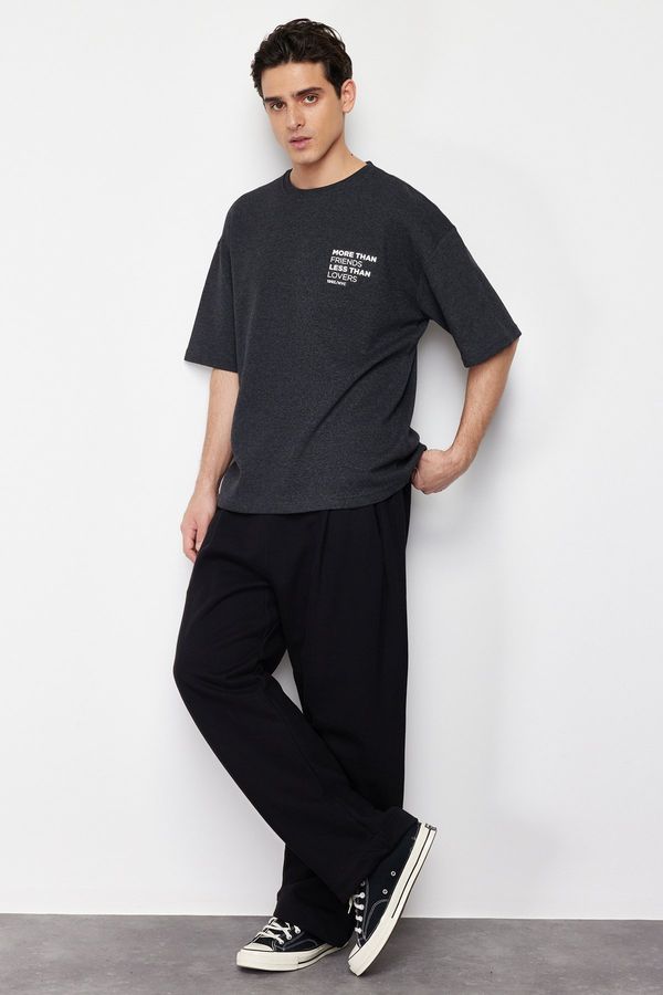 Trendyol Trendyol Anthracite Oversize/Wide-Fit Fluffy Text Printed Textured Waffle T-Shirt