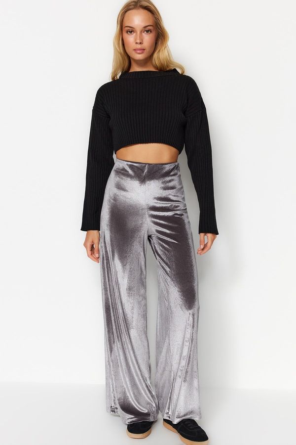 Trendyol Trendyol Anthracite Pearl Velvet Wide Leg Knitted Pants