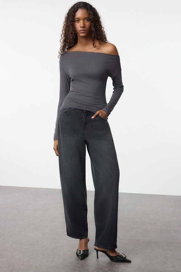 Trendyol Trendyol Anthracite Plain Premium Soft Fabric Fitted/Fits the Body Boat Neck Knitted Blouse