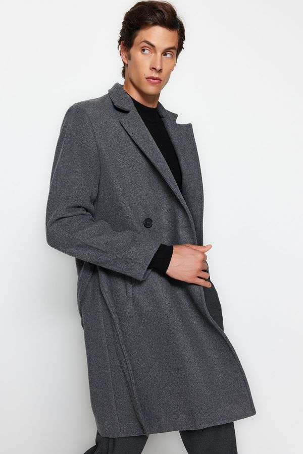 Trendyol Trendyol Anthracite Regular Fit Double Breasted Closure Long Sash Coat with Belt Tie Detail