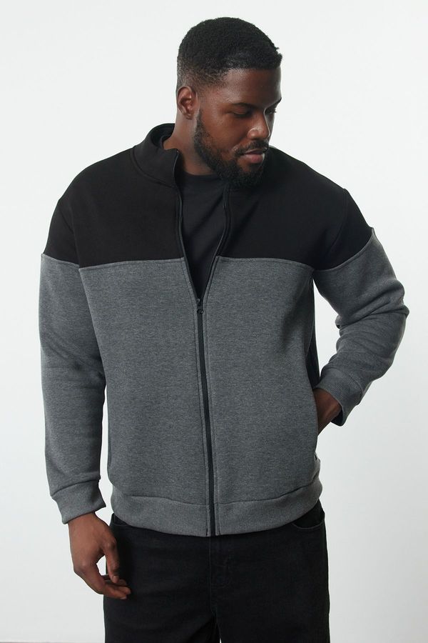 Trendyol Trendyol Anthracite Regular/Normal Cut Color Block Zippered Plus Size Sweatshirt