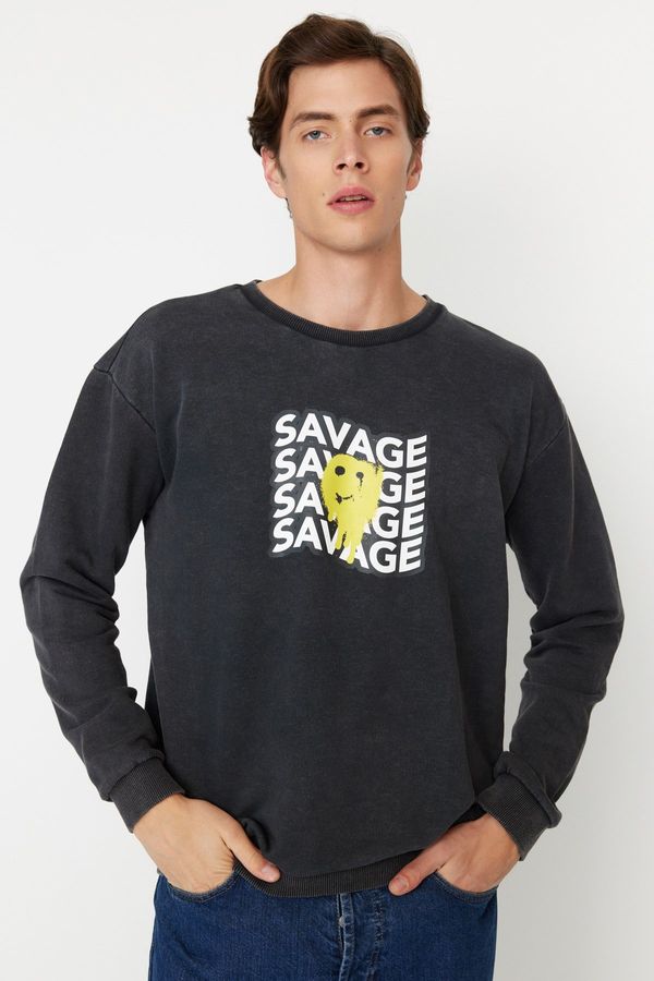 Trendyol Trendyol Anthracite Relaxed Crew Neck Faded/Faded Effect Sweatshirt